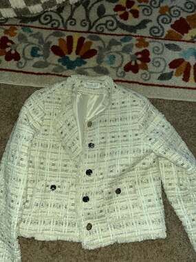 Rachel Zoe Cream Tweed Fringe Trim Button Front Jacket Size L